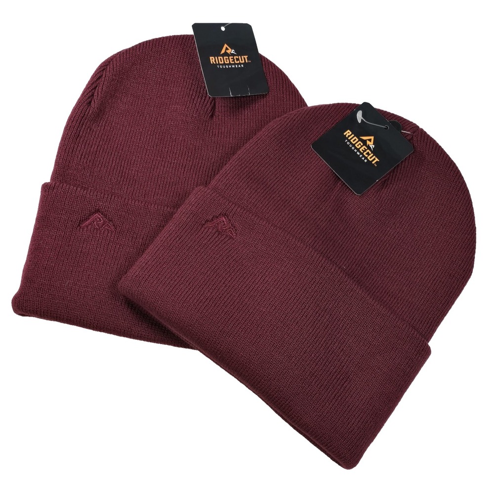 Lot of 2 Ridgecut Men's Knit Beanie Hat Warm Stretch Winter Cuffed Tibetan Red
